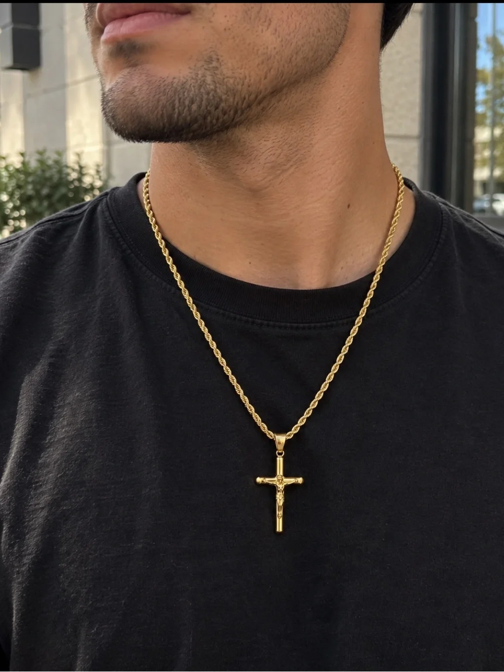 14K Gold Plated Crucifix Pendant Necklace 3mm Rope Chain 21in Jesus Cross Unisex